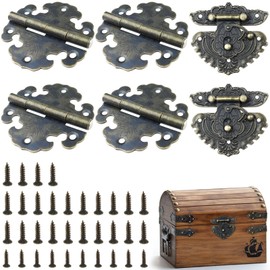 BITEFU Set of 6 Hinges Suit, Bronze Hinge, Folding Hinges Set with Wooden Box Locks and Screwdriver for Cabinets with Wooden Doors, Box Hinges and Latches with 34 Screws