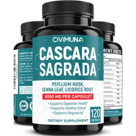 CIVIMUNA Cascara Sagrada Bark Extract Capsules | 6550mg | 120 Capsules - 4 Months Supply | Cascara Sagrada Bark, Senna Leaf, Psyllium Husk Powder.