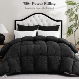 KAKABELL Pinch Pleat Goose Down Feather Fiber Comforter King Size, Breathable Fluffy Black Duvet Insert with Cotton Blend Fabric, 750+Fill Power All Season Hotel-Quality Bed Comforter 90" x 106"