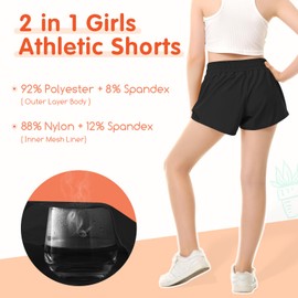 QooNoo Girls Athletic Shorts with Zipper Pocket Lightweight Elastic Waist Running Shorts for Teen Girls Kids Active Sports (Black,X-Large)