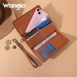 X Wrangler Women's Cowhide Wallet Trifold Phone Wristlet Wallets, Card Cases & Money Organizers Brown Clutch RFID Wallets for Womens Ladies Female Travel Credit Card Wallet with Coin Purse