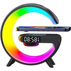 Htoxsdc Mini Smart LED Table Lamp, 4-in-1 Wireless Charger, Wireless Charger with Speaker,Night Light, Alarm Clock, and Bluetooth Speaker for Bedroom and Home Decor (Black)