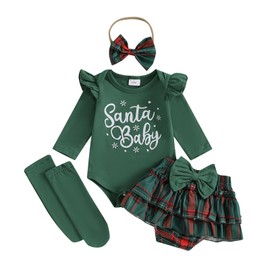 FYBITBO Newborn Infant Baby Girl Christmas Outfits Santa Baby Romper Ruffle Plaid Skirt Dress First Christmas Clothes Set (Santa Baby Outfit-Green Plaid, 9-12 Months)