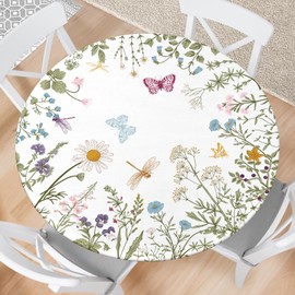 Fecvdlis Spring Flower Round Fitted Tablecloth with Elastic Edge Wipeable Round Table Cloth Waterproof Reusable Outdoor Round Table Cover for Kitchen Picnic Patry Indoor (Small 36''-44'')