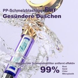 HONBOO Shower Head with Filter, Shower Head with Hose, Shower Head with Water Stop, Shower Head Water-Saving, Shower with Soft Rain Mode, Fine Water Jet, Nourishing for Skin and Hair, Purple