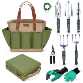 Garden Tool Tote Solid Bag with 11 Piece Hand Tools,Best Gardening Gift Set Organizer with Vegetable Garden Tool Kit,Free Kneeler Pad,Digging Claw Gloves and All Necessary Gardening Accessories