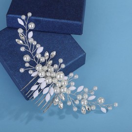 Wekicici Silver Wedding Pearl Hair Comb Bridal Crystal Pearl Side Comb Handmade Rhinestone Hair Piece Elegant Hair Accessories for Women Wedding Party Prom Headpiece (Silver)