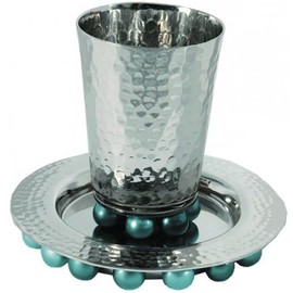 Hammered Aluminum Beaded Kiddush Cup and Plate/Blue