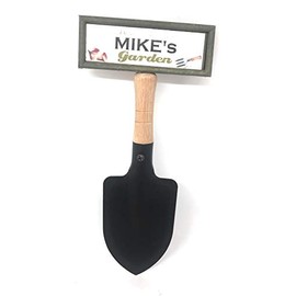 "Welcome to Mike's garden" hanging shovel sign