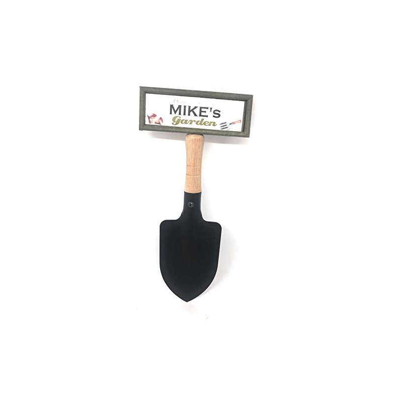 "Welcome to Mike's garden" hanging shovel sign