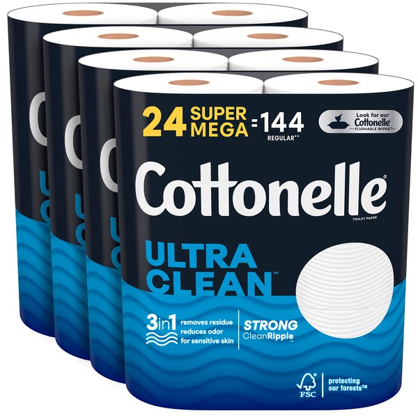 Cottonelle Ultra Clean Toilet Paper, Strong Toilet Tissue, 24 Super Mega Rolls (24 Super Mega Rolls = 144 Regular Rolls) (4 Packs of 6), 468 Sheets per Roll, Packaging May Vary