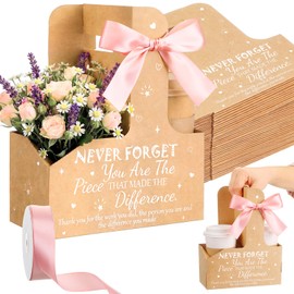 Rtteri 36 Set 2-Cup Disposable Drink Carrier Flower Gift Boxes with Handle Holiday Kraft Paperboard Coffee Cup Holder with Ribbon for Valentine Mother Teachers' Day Appreciation Gifts(Thanks,Kraft)