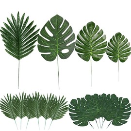 60 Pieces 4 Kinds Artificial Palm Leaves with Faux Stems Tropical Plant Leaves Monstera Leaves Safari Leaves for Hawaiian Luau Party Jungle Beach Table Leave Decorations