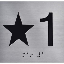 STAR 1 (STAR 1ST) Elevator Jamb Plate sign with raised letters & Grade 2 Braille - Includes Red Adhesive pad for Easy Installation (4" W x 4" H,SILVER/BRUSH SILVER, Tacticle Sign) - The Sensation line