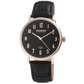 Akzent Exclusive Men's Watch Imitation Leather Watch Pin Buckle Analogue Quartz 2900149, black/black, Strap.