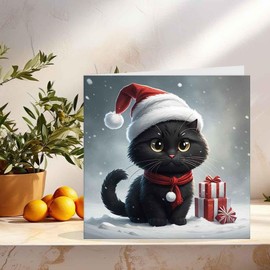 Black Kitten Christmas Card - Cute Cat Xmas Card Kitty 145 x 145mm