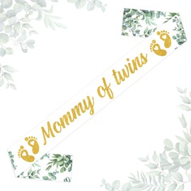 Jollyboom Greenery Twins Baby Shower Decoration, Sage Green Mommy of Twins Sash for Twins Neutral Baby Shower Gender Reveal Party Decorations Pregnant Mommy Gift