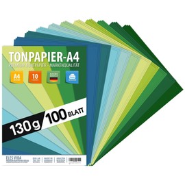 100 Sheets of Clay Paper - DIN A4 Paper - 130 g/m² Set 10 Colours - Sturdy Craft Paper & Coloured Sheets, Children & DIY Sheets, Accessories Navy - Green - Grass - Blue Ocean - Natural Coloured for