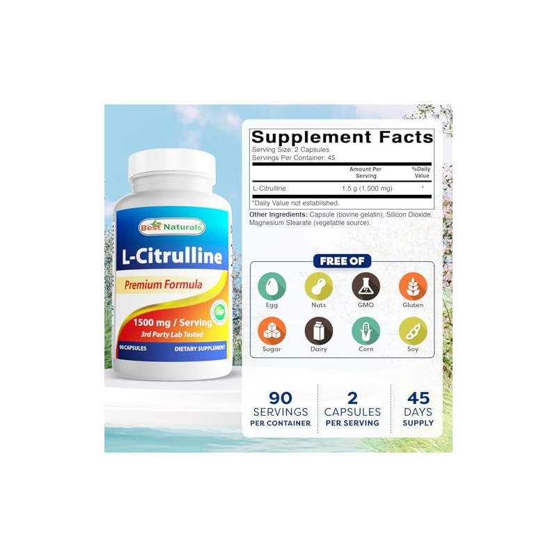 Best Naturals L-Citrulline Capsules - 1500mg/Serving - Non-GMO - Gluten