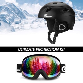 Odoland Snow Ski Helmet and Goggles Set, Sports Helmet and Protective Glasses - Shockproof/Windproof Protective Gear for Skiing, Snowboarding, Motorcycle Cycling, Snowmobile,Black,S