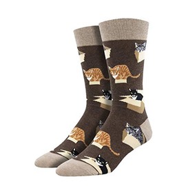 Socksmith Men's Cat In A Box Crew Socks, Brown Heather