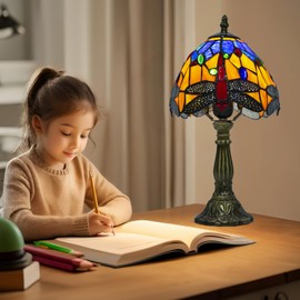 Ppbmocw Small Tiffany Table Lamp Dragonfly, 8 Inch Stained Glass Lamp for Living Room, Bedside, Reading, Vintage Mini Tiffany Desk Light Included 3 Color Temperatures E26 Bulb(Red)