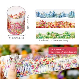 HNLMZ Washi Tape Set, 3 Rolls Scrapbook Stickers, Flowers PET Washi Tape, PET Transparent Decorative Stickers for Scrapbooks, Diaries, Notepads Used and DIY Photo Albums (H)