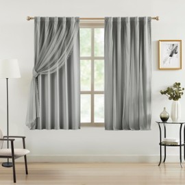 Bujasso Grey 90% Blackout Curtains with Sheer Overlay Mix and Match Double Layer Window Curtains Thermal Insulated 63 inch for Bedroom Gray Drapes with Tiebacks Rod Pocket Back Tab 37" Wx63 Lx2