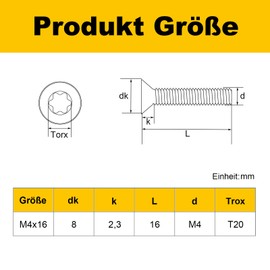 Pack of 20 M4 x 16 mm Countersunk Screws Torx Drive Stainless Steel A2 Screws Full Thread with Torx Key