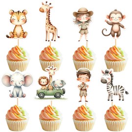 32PCS Jungle Safari Animals Cupcake Toppers Safari Baby Shower Oh Baby Party Decorations Safari Theme Birthday Party for Boys Kids Nursery Wild Party Decorations Supplies