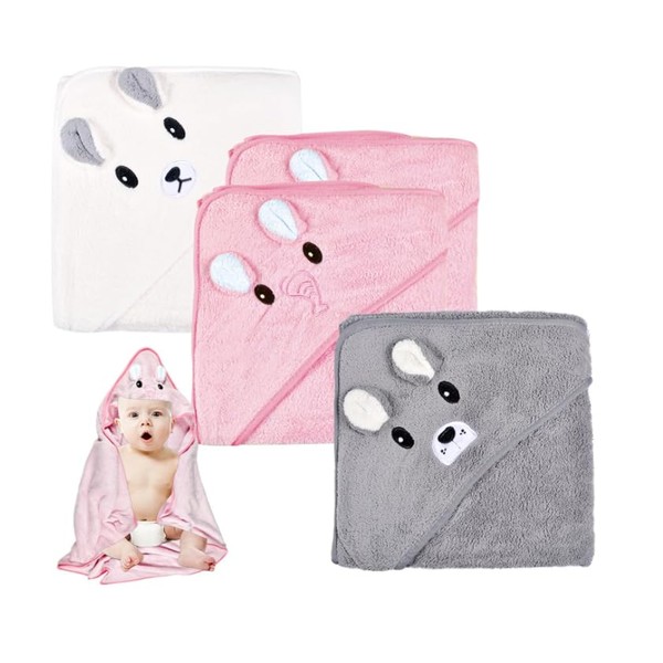Funmo Hooded Towel Baby 3 Pieces Baby Towel Hood Baby Bath Towel Baby Towel with Hood 80 x 80 cm for Baby Bathing, Soft Super Absorbent, Cute Baby Hooded Towel with Pattern Unisex 0-5 Years (B)