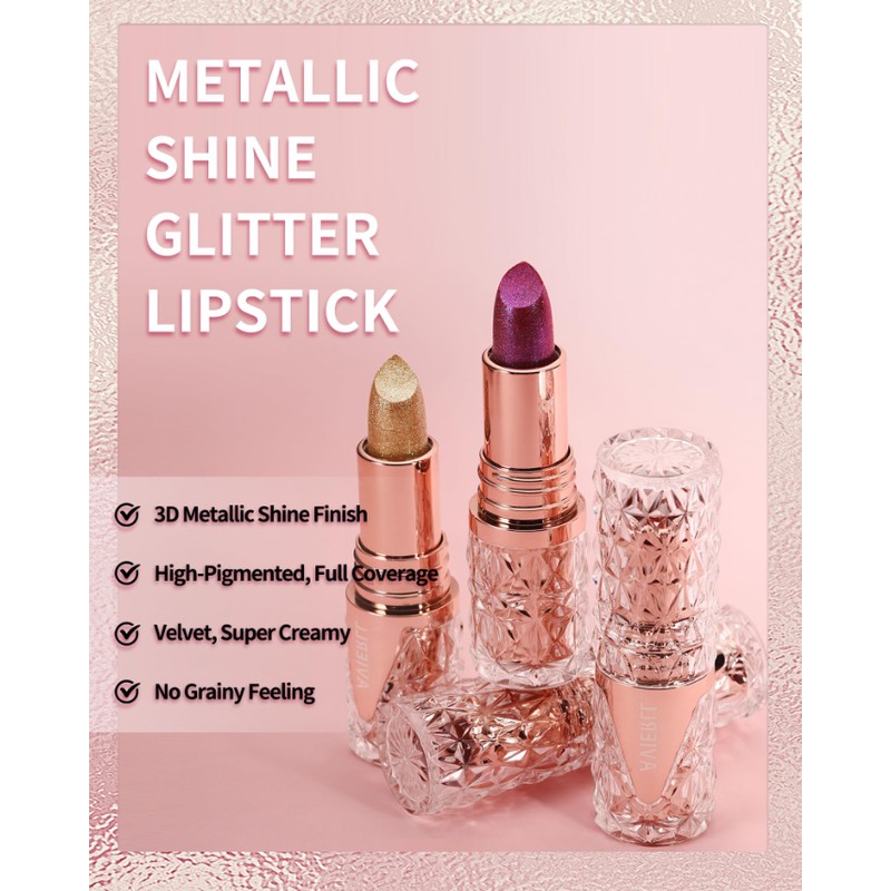 Lippenstift mit Pailletten, Metallic-Lippenstift, matt, langanhaltend, hochpigmentiert, schimmernd, wasserfest, Lippenbalsam,