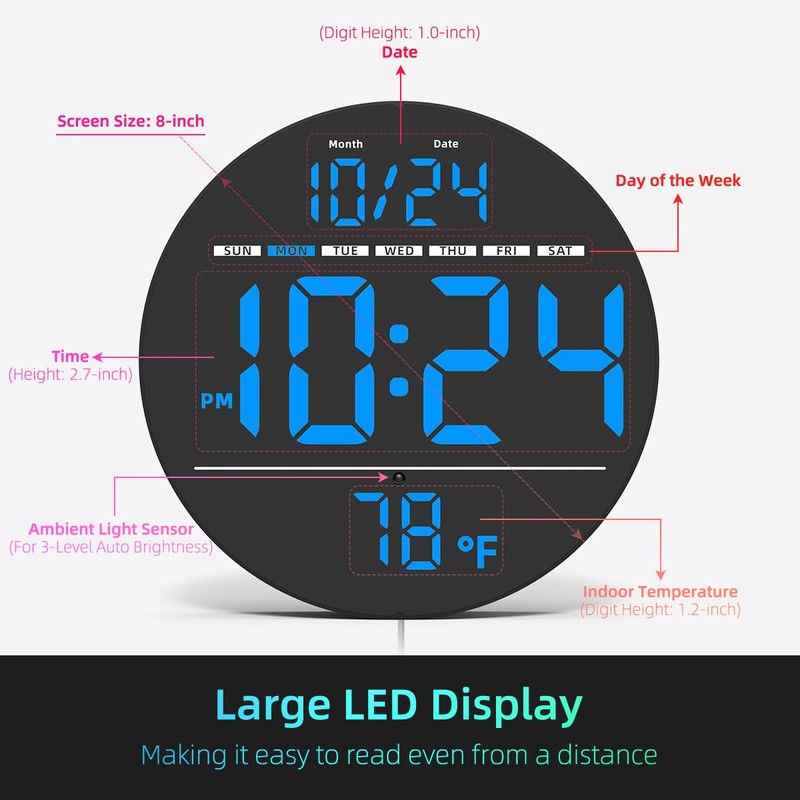 Digital Wall Clock with Large LED Display, Auto-Brightness, Temperature, Low-Reflectivity,