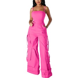 SHINFY Women's 2024 Cargo Jumpsuit Spaghetti Strap Y2K Wide Leg Baggy Loose Cargo Pants Overall Rompers