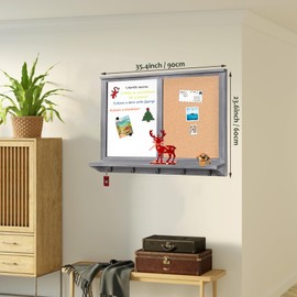 TORASO Dry Erase Board & Cork Board, Whiteboard & Bulletin Board Combo, 35.4"×23.6"，Wall-Mounted Mail Sorter, & Key Hooks, Solid Pine Wood Vintage Gray Frame(Mail BB-GY-6090)