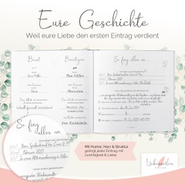 Liebeszeilen Guest Book Wedding | 44 Double Pages + Bride and Groom Pages | with 65 Stickers + Stand | 21 x 21 cm | Space for Photos + Personal Words | Thread-Bound