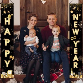 Happy New Year Door Banner 2025, Extra Large Fabric Happy New Years Porch Sign Couplets for Decorations, 72 x 12 Inch Black Gold Fireworks Backdrop for New Year's Eve Party Accessories Supplies