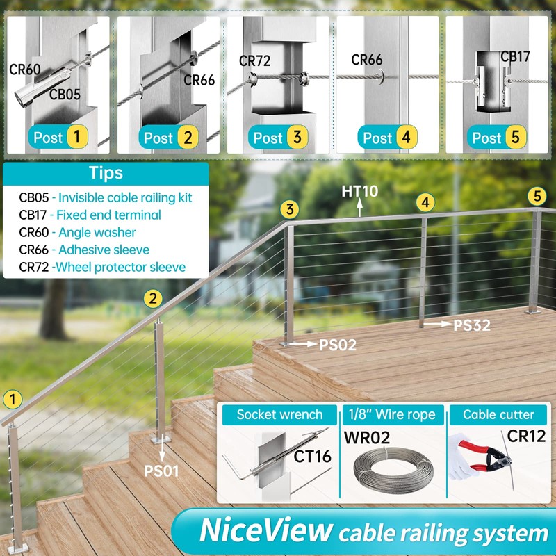 Muzata Stair Cable Railing Post 36 Inch for 25-35 Degrees
