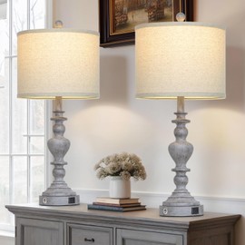 27" Tall Table Lamps for Living Room, 3-Way Dimmable Touch Control Farmhouse Vintage Table Lamps Set of 2 with USB C+A Ports and AC Outlets, Rustic Bedside Nightstand Lamp for Bedrooms Office Grey