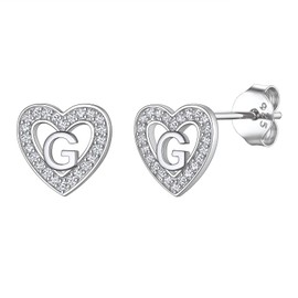 Suplight Sterling Silver Letter Stud Earrings, S925 Cubic Zirconia Heart Shape Initial Letter G Earrings for Girls Women