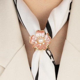Kokoma Elegant Pearl Camellia Flower Silk Scarf Ring for Women, Cubic Zirconia Floral Scarf Buckle Holder Shawl Brooch Decoration Accessories Jewelry