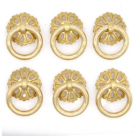 6 PCs Vintage Golden Ring Pulls with Hollowed-Out Dome Base - Pure Solid Brass Cabinet Hardware - Ring Size 1.2-in (3 cm)