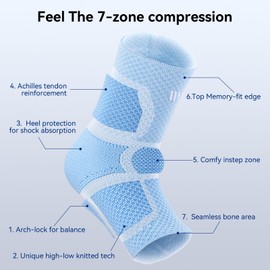 WHCOOL Ankle Support Compression Sleeve, 7 Compression Zones Ankle Brace With Adjustable Strap for Plantar Fasciitis Achilles Tendonitis, Blue, M