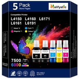 Nalifystic Compatible T504 Ink Refill Bottles Replacement for T504BK T504C T504M T504Y Ink Bottles Compatible with L4150 L4160 L6171 Printers (5-Pack, 2Black 1Cyan 1Magenta 1Yellow)