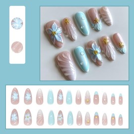 MouyouGlow Press on Nails Kurz,Almond Blau French 3D Bubble Blumen Floral Strand Wellen Muscheln Seesterne Fake Nails mit Nagelkleber,Blue Tips Flowers Y2k Künstliche Fingernägel