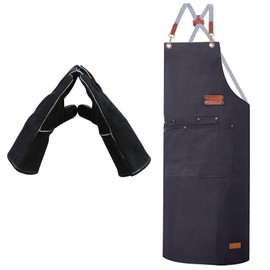 ETLEE Barbecue Gloves Heat Resistant 300°C Leather + Grill Apron for Men - Oven Gloves & Cooking Apron Men with Metal Buttons, BBQ Accessories Gift for BBQ, Kitchen, Cooking Apron & BBQ Gloves