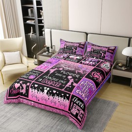 100% Cotton Cheerleading Duvet Cover, Cheer Gifts, Cheerleader Loves Bedding Set for Girls, Cheer Pink Sequins, Comfort Cover, 135 x 200 cm, Geometric Plaid Patchwork Bed with 1 Pillowcase