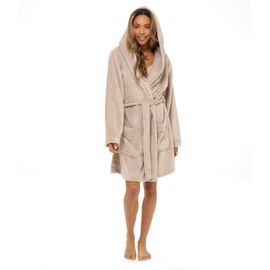 Ladies Dressing Gown Womens Luxury Short Hooded Bathrobe Teen Girls Fleece Robe Housecoat Loungewear Gift Taupe X-Large