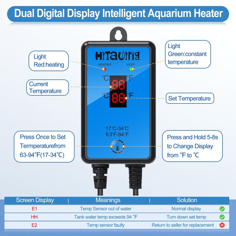 HiTauing Aquarium Heater, Upgraded 300W/500W Fish Tank Heater with Intelligent