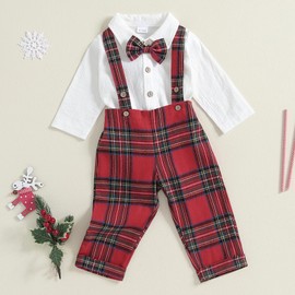 xkwyshop Fall Outfit Newborn Baby Boy Gentleman Long Sleeve Bow Tie Romper Plaid Suspender Pants 2Pcs Christmas Clothes Set (Red, 0-3 Months)